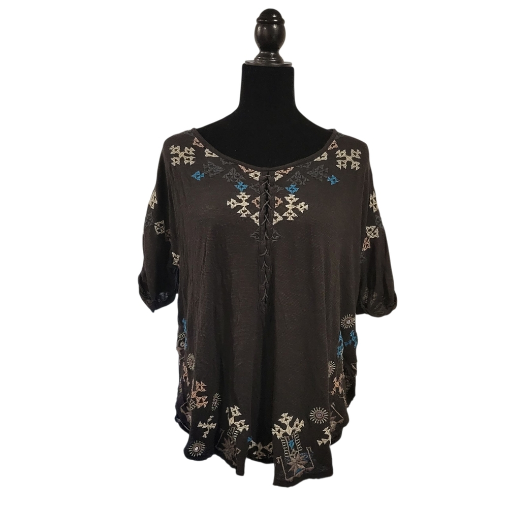 Free People Black Embroidered Boho Top Size S